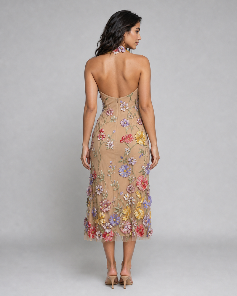 Natalya | Floral Embroidered Halter Midi Dress