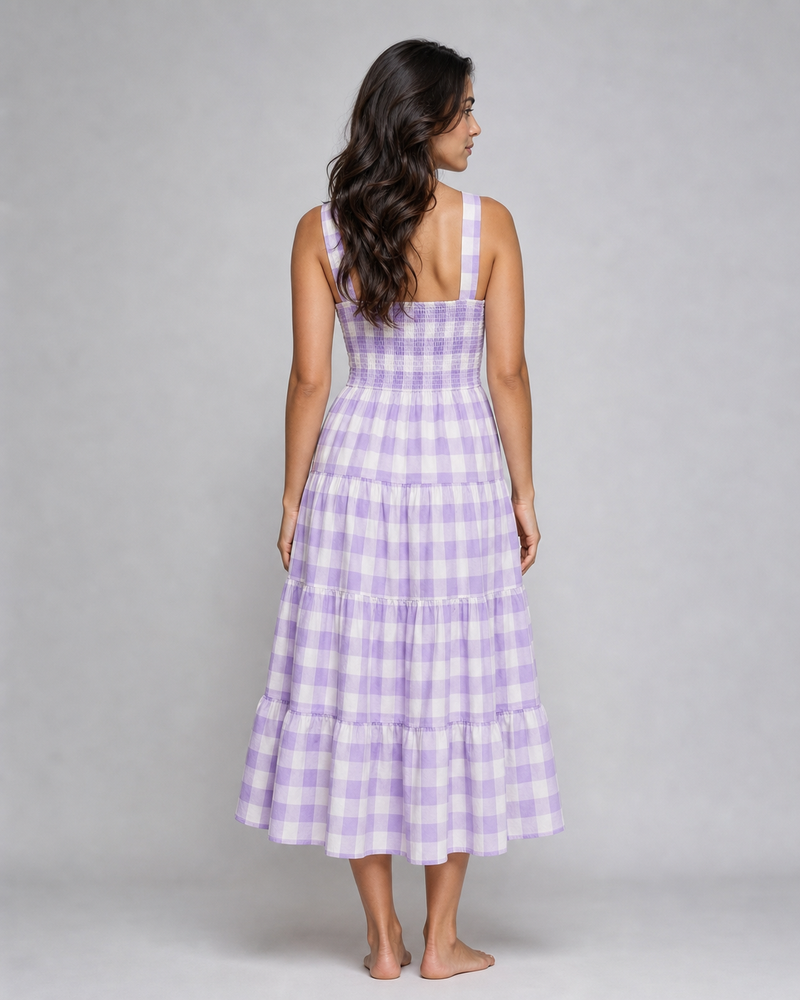 Isadora | Shirred Gingham Tiered Midi Dress