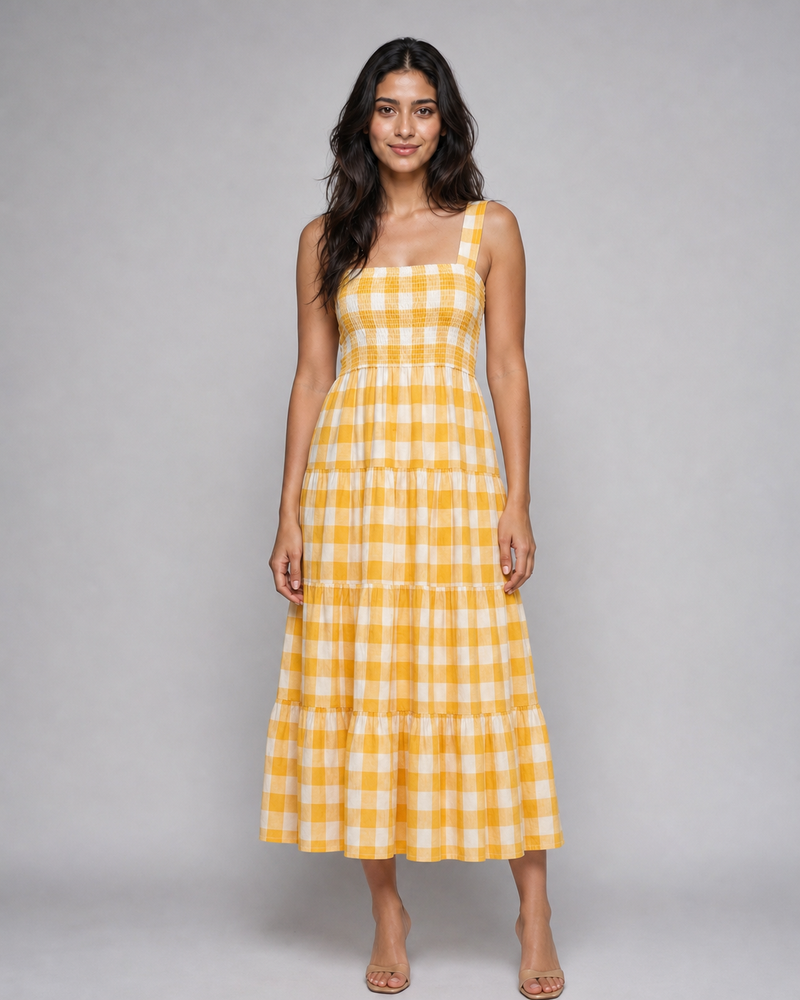 Isadora | Shirred Gingham Tiered Midi Dress
