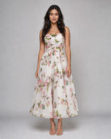 Junia | Ruched Floral Organza Midi Dress in White
