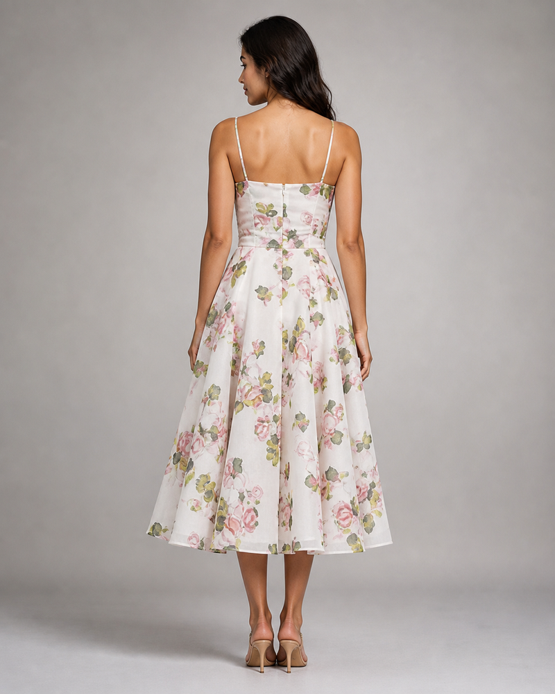 Junia | Ruched Floral Organza Midi Dress