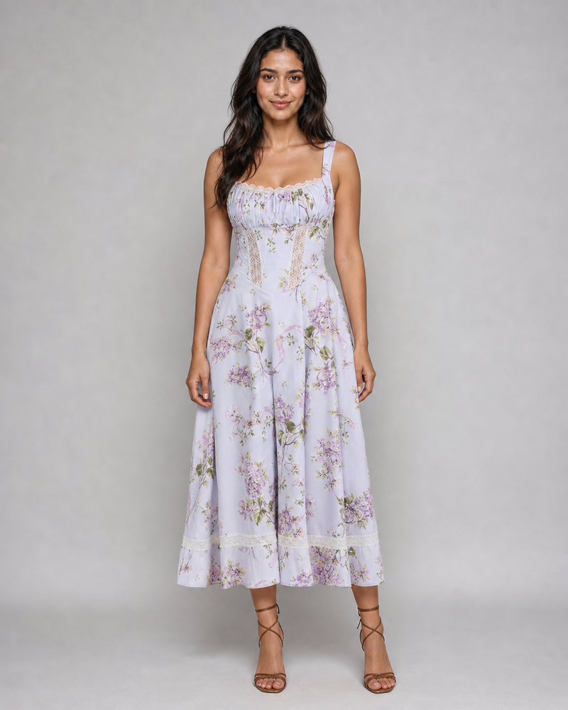 Mathilde | Floral Lace-Trim Midi Sundress
