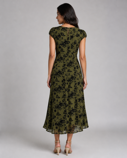 Josephine | Floral Cap-Sleeve A-Line Midi Dress — Green — back