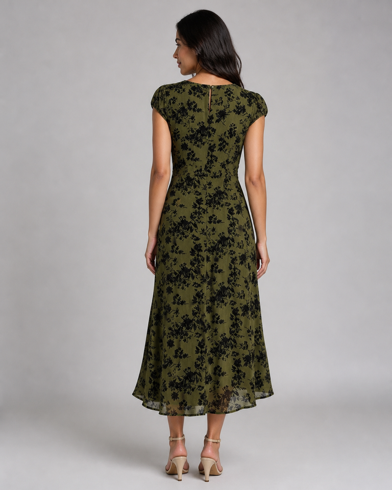 Josephine | Floral Cap-Sleeve A-Line Midi Dress