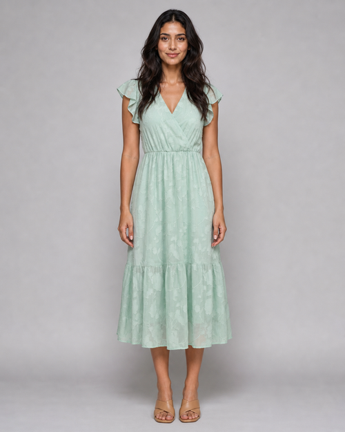 Iona | Floral Flutter-Sleeve Tiered Midi Dress — Green — front