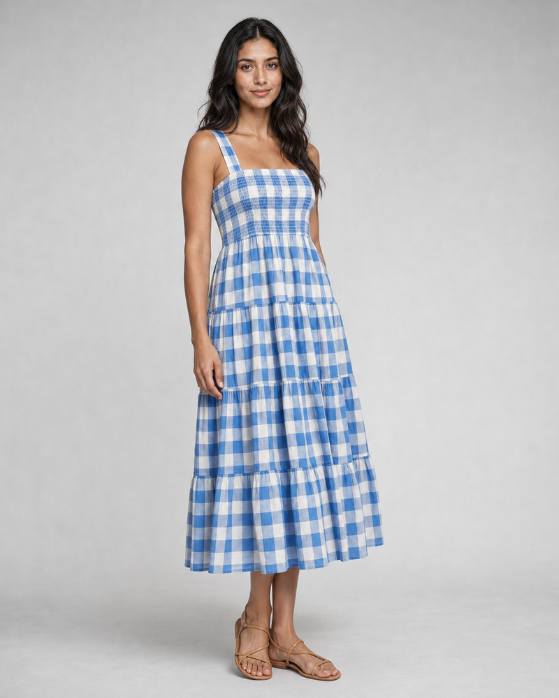 Isadora | Shirred Gingham Tiered Midi Dress