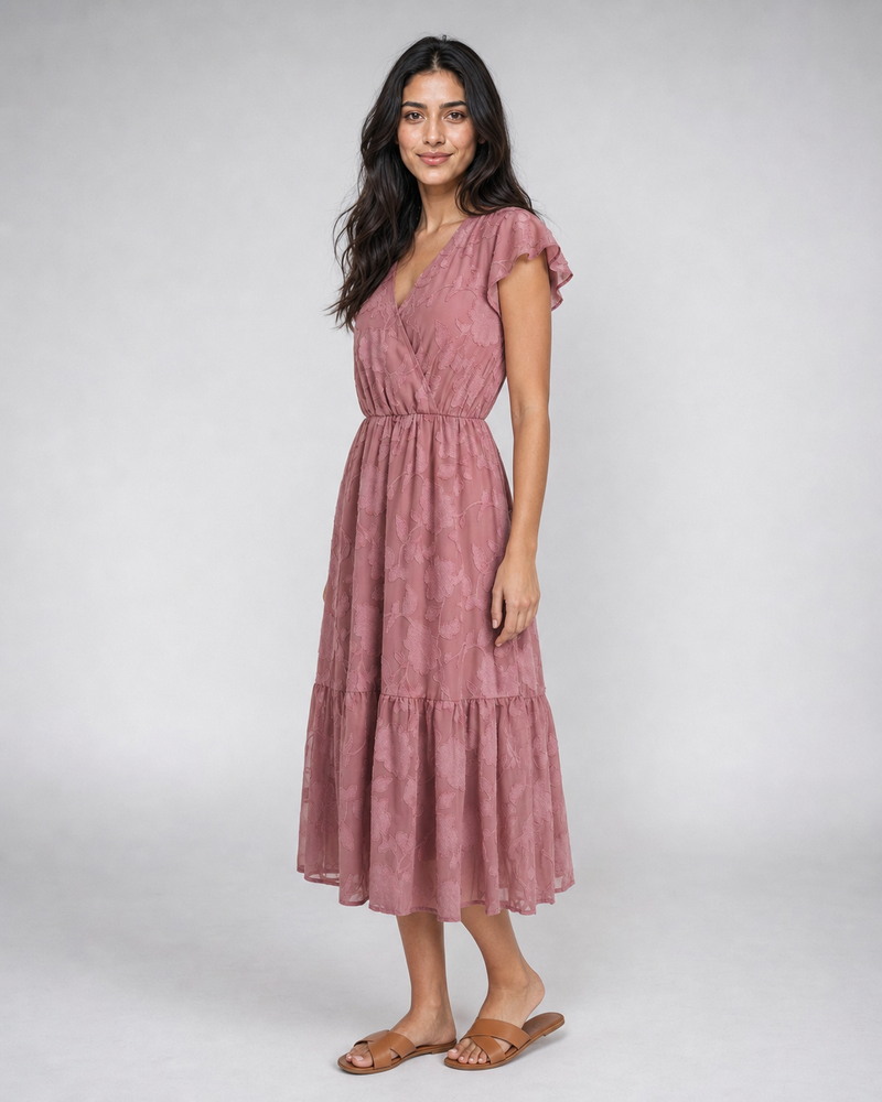 Iona | Floral Flutter-Sleeve Tiered Midi Dress