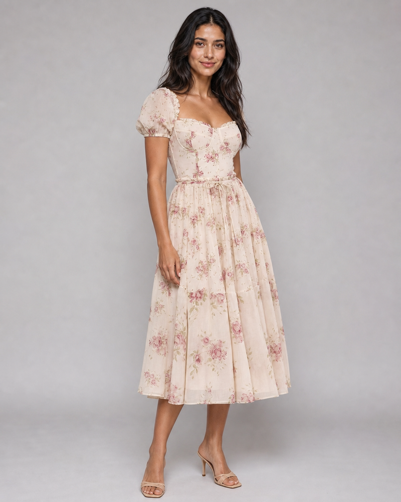 Ottilie | Floral Puff-Sleeve Corset Midi Dress