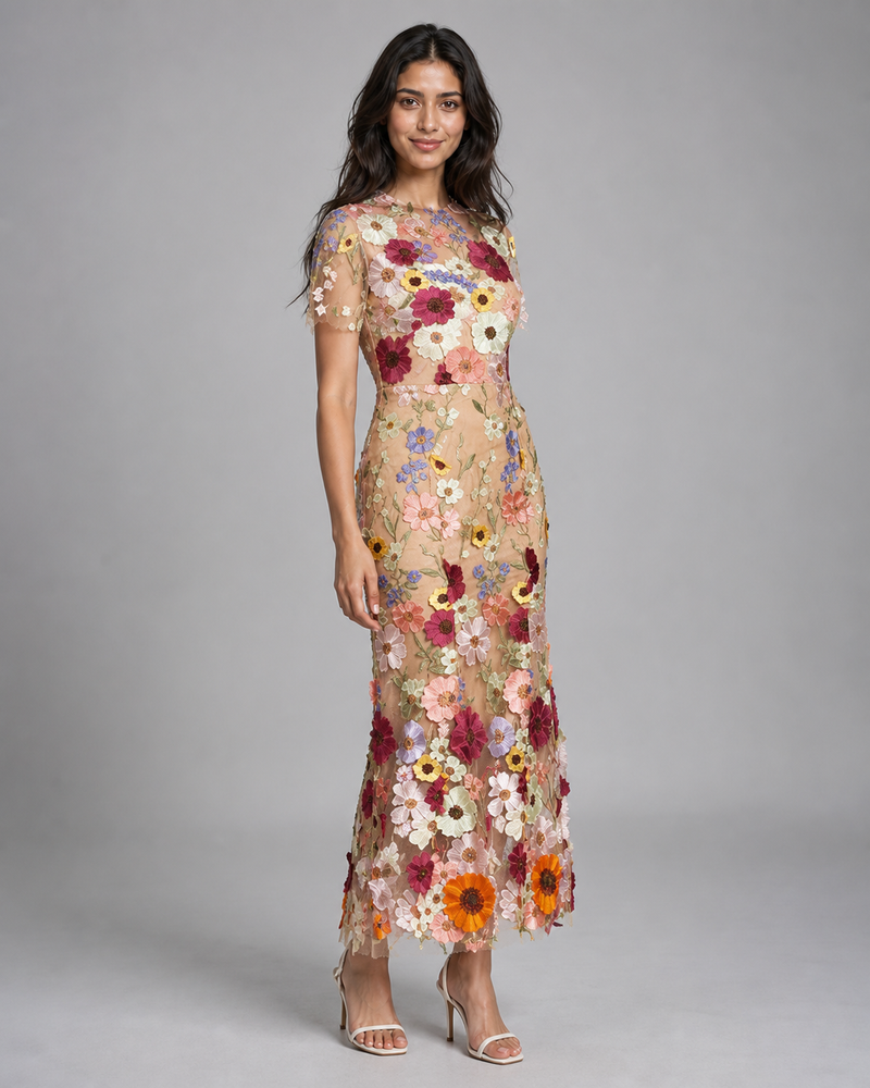 Juliette | 3D Floral Appliqué Midi Dress