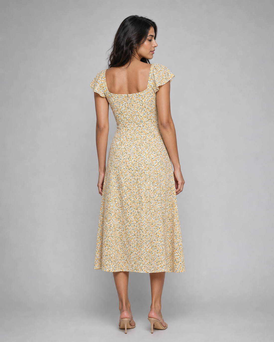 Maryse | Floral Flutter-Sleeve Side-Split Midi Dress