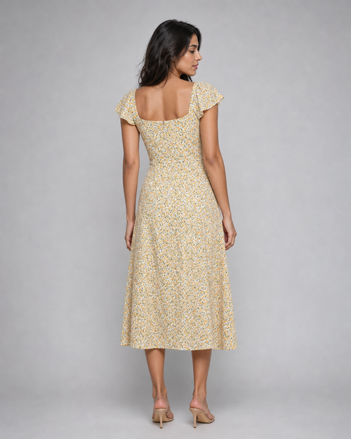 Maryse | Floral Flutter-Sleeve Side-Split Midi Dress — Yellow — back