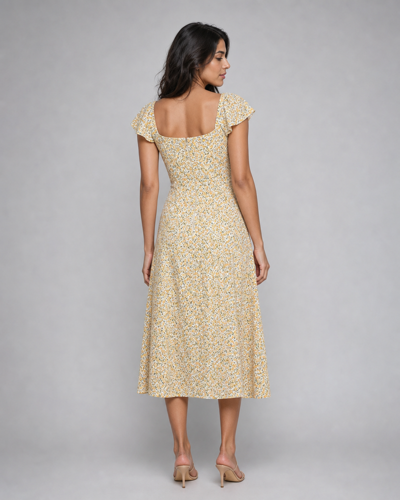 Maryse | Floral Flutter-Sleeve Side-Split Midi Dress