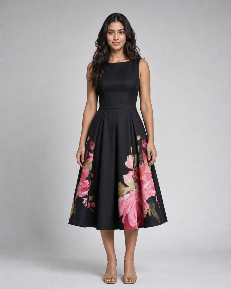 Lucille | Floral Pleated Boat-Neck Midi Dress