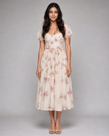 Ottilie | Floral Puff-Sleeve Corset Midi Dress in Ivory