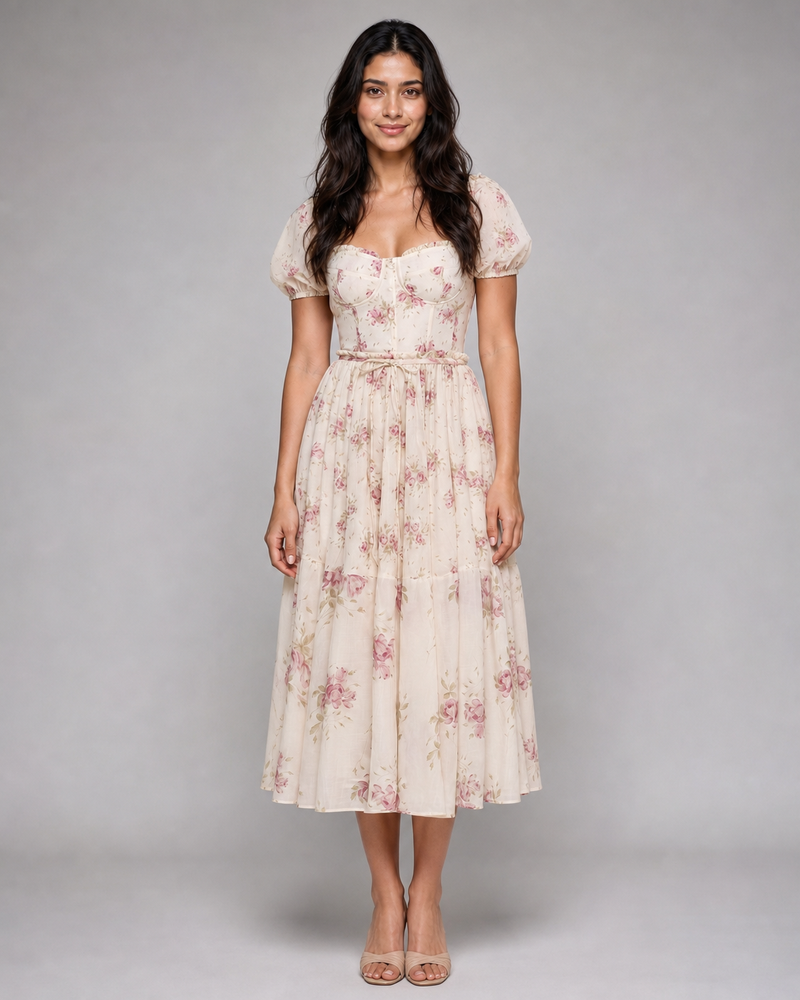Ottilie | Floral Puff-Sleeve Corset Midi Dress