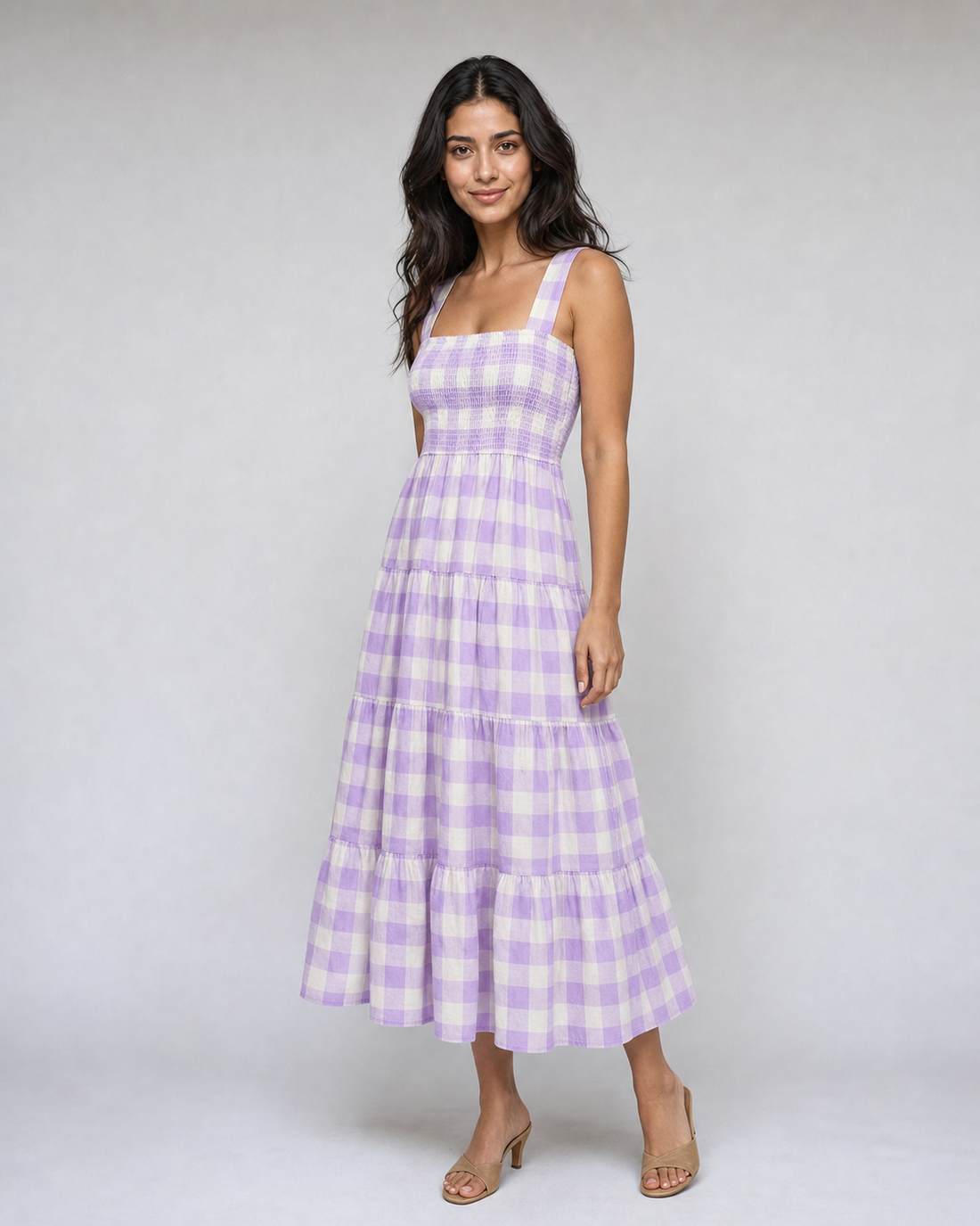 Isadora | Shirred Gingham Tiered Midi Dress
