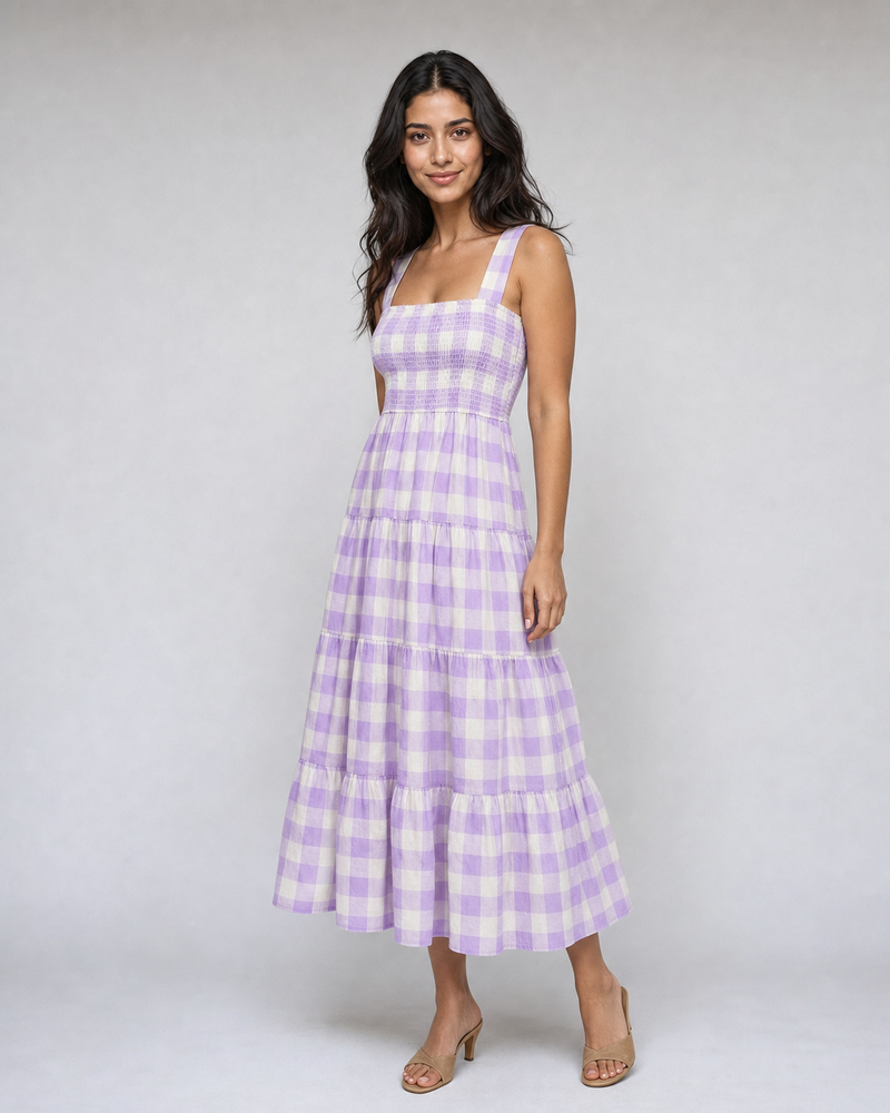 Isadora | Shirred Gingham Tiered Midi Dress