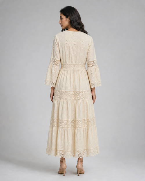 Paloma | Tiered Broderie Lace Maxi Dress — Beige — back