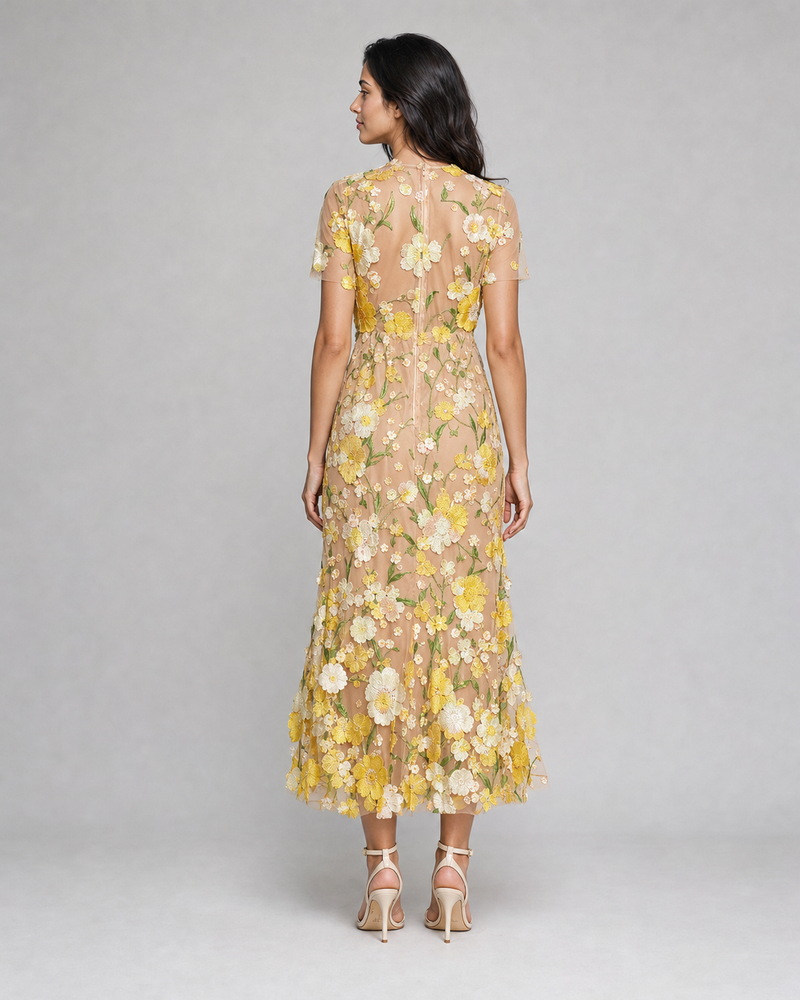 Juliette | 3D Floral Appliqué Midi Dress