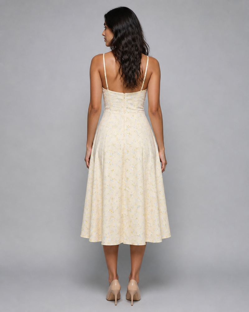 Beatrix | V-Neck Midi Dress with Corset Lace-Up Back