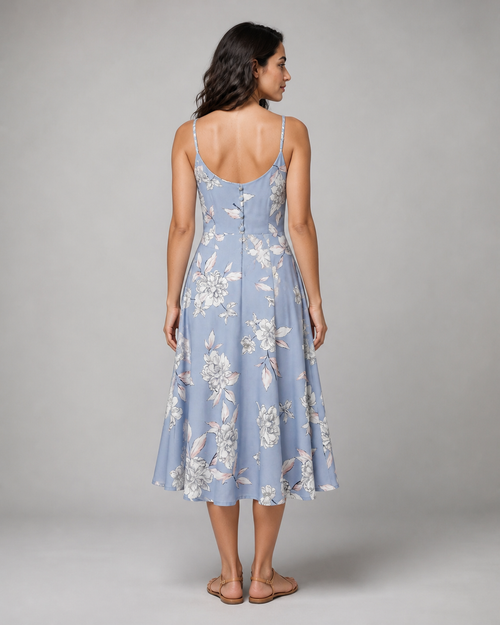 Genevieve | Floral Button-Front Midi Sundress — Light Blue — back