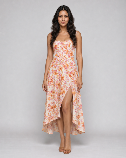 Aurelia | Floral Corset Midi Dress with Side Split — Orange — front