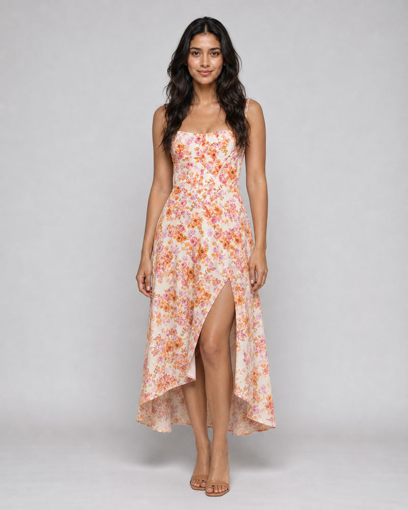 Aurelia | Floral Corset Midi Dress with Side Split