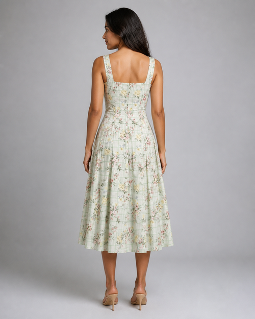 Octavia | Floral Check Button-Front Midi Sundress — Green — back