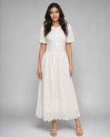Harriet | Floral Broderie Puff Sleeve Midi Dress in White