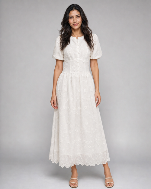 Harriet | Floral Broderie Puff Sleeve Midi Dress — White — front