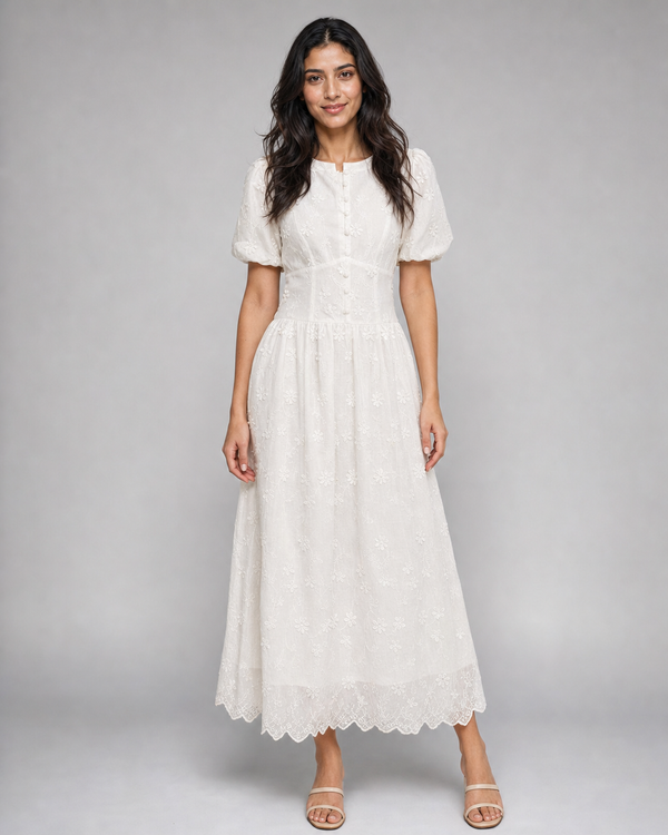 Harriet | Floral Broderie Puff Sleeve Midi Dress