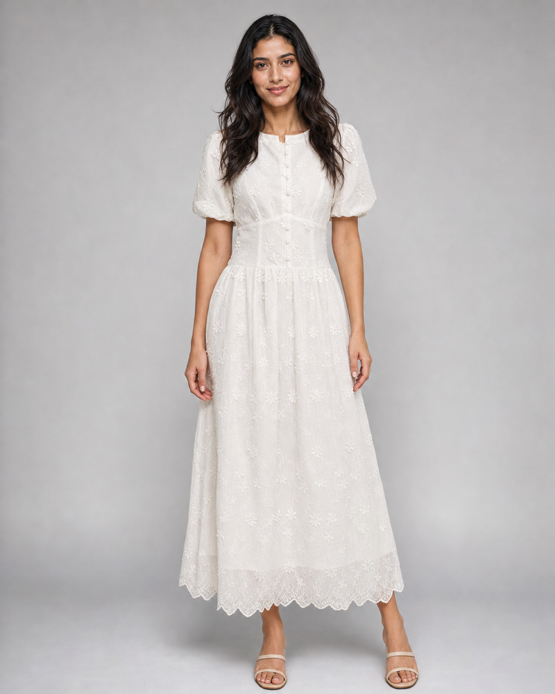 Harriet | Floral Broderie Puff Sleeve Midi Dress