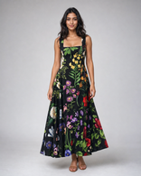 Arabella | Square-Neck Floral Midi Dress with Tie Back in Black