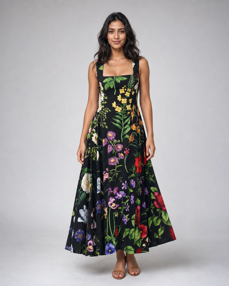 Arabella | Square-Neck Floral Midi Dress with Tie Back