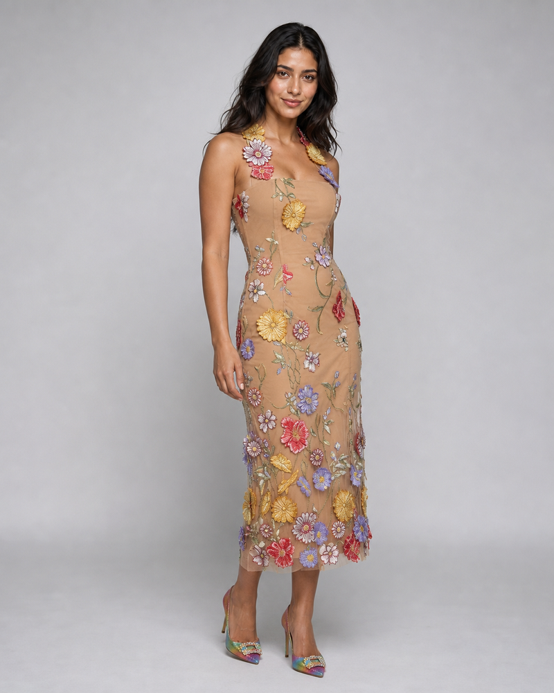 Natalya | Floral Embroidered Halter Midi Dress