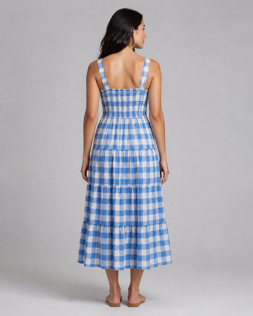 Isadora | Shirred Gingham Tiered Midi Dress — Blue — back