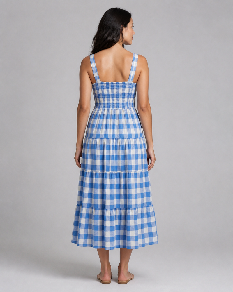 Isadora | Shirred Gingham Tiered Midi Dress
