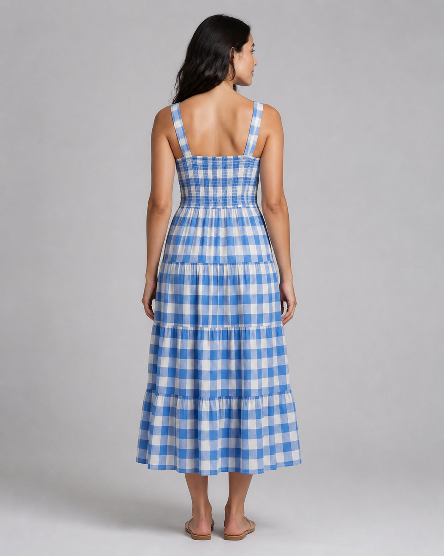 Isadora | Shirred Gingham Tiered Midi Dress