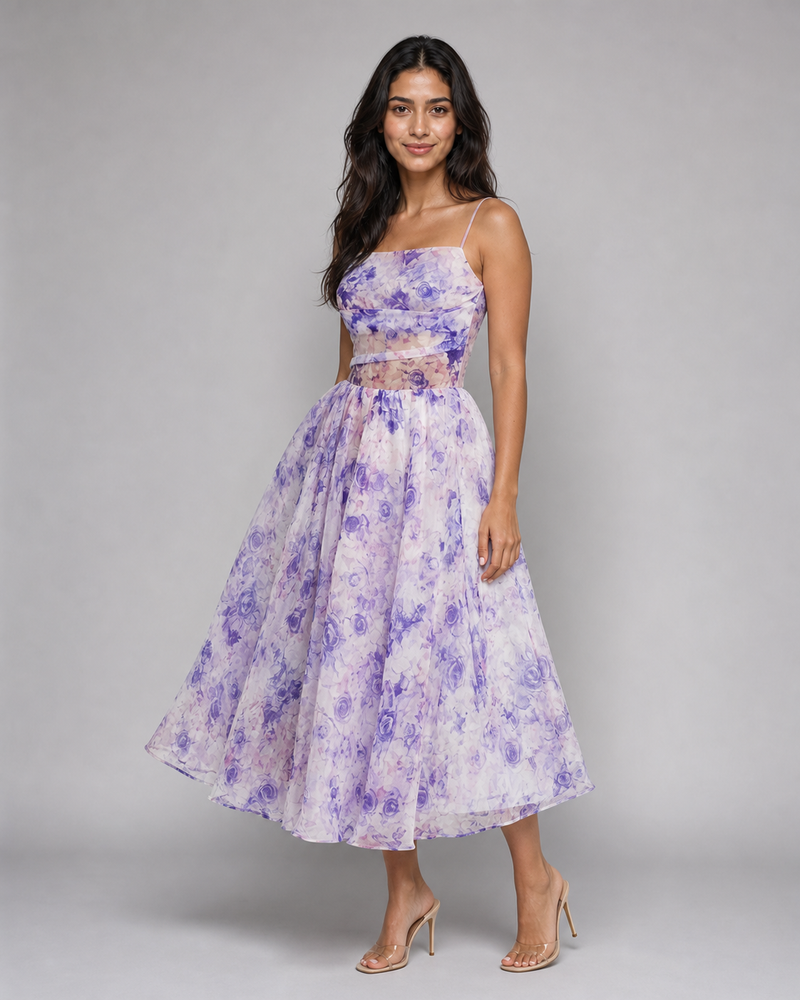 Junia | Ruched Floral Organza Midi Dress