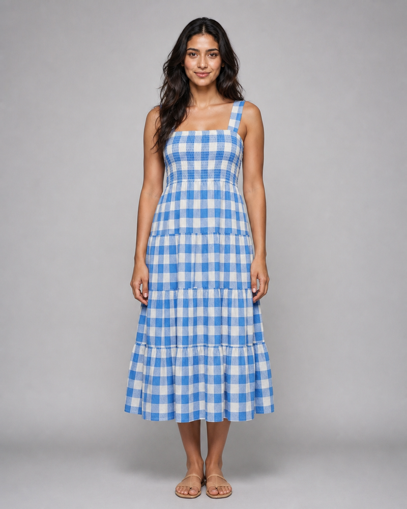 Isadora | Shirred Gingham Tiered Midi Dress