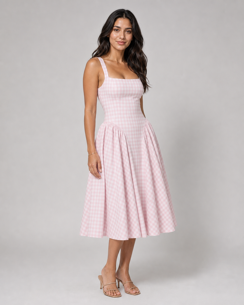 Helena | Sculpted-Waist Gingham Midi Dress