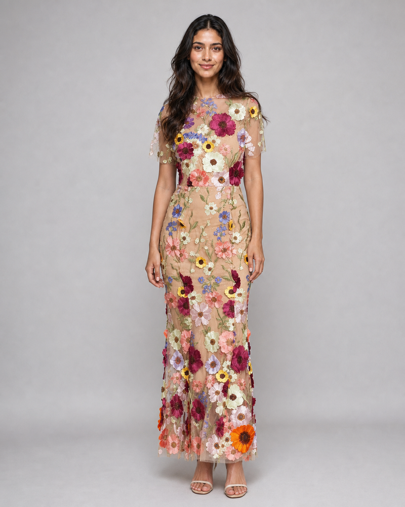 Juliette | 3D Floral Appliqué Midi Dress