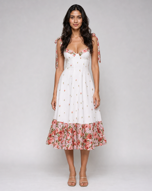 Leonora | Floral Tie-Strap Midi Sundress — White — front