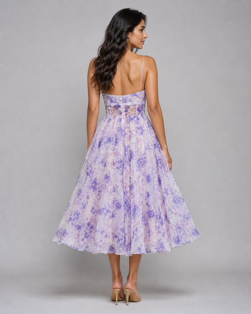 Junia | Ruched Floral Organza Midi Dress