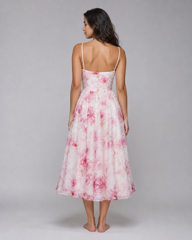 Junia | Ruched Floral Organza Midi Dress