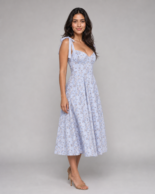 Leonora | Floral Tie-Strap Midi Sundress — Blue — threequarter