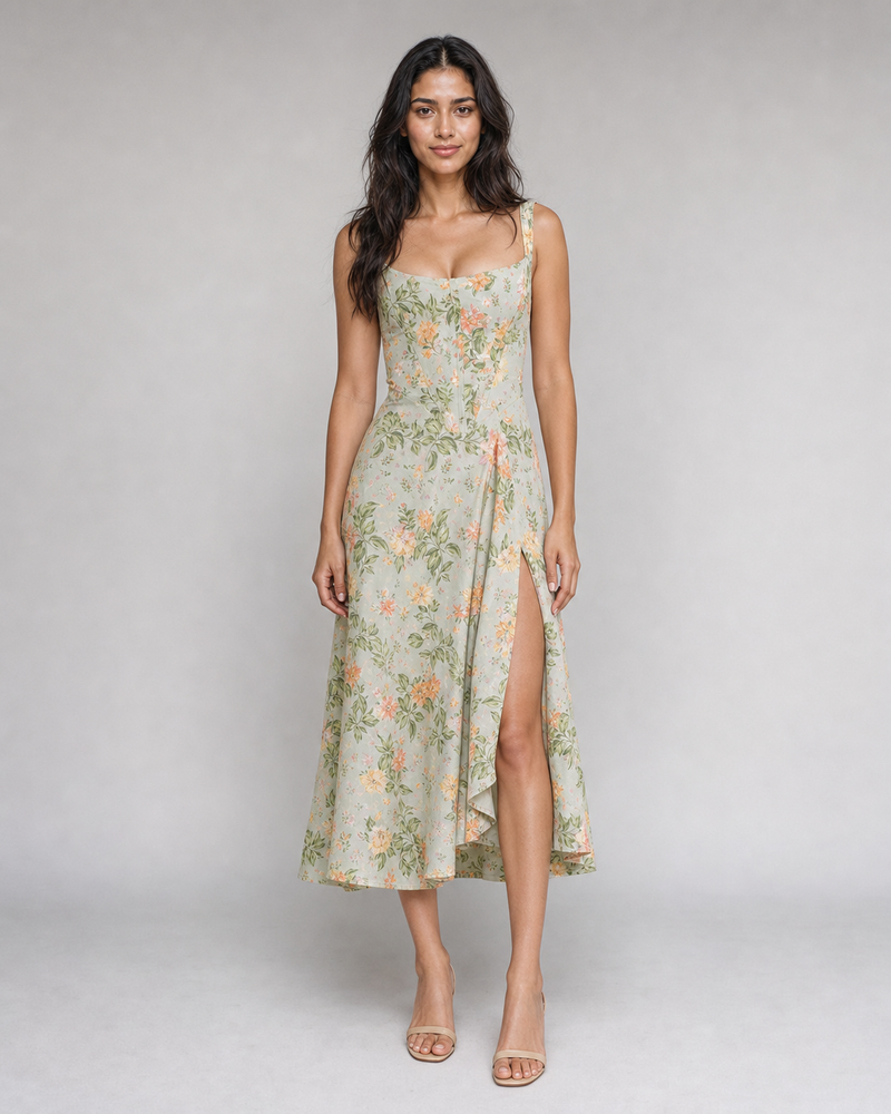 Aurelia | Floral Corset Midi Dress with Side Split