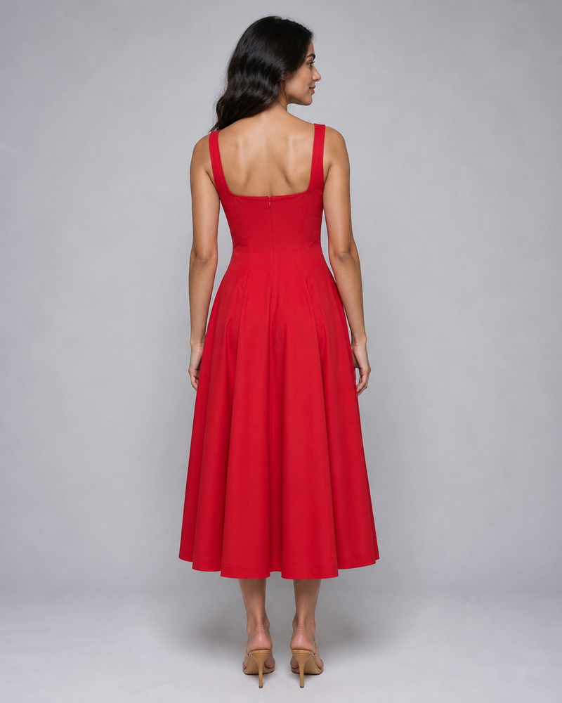 Clemence | Square-Neck Corset Midi Dress with Lace-Up Back