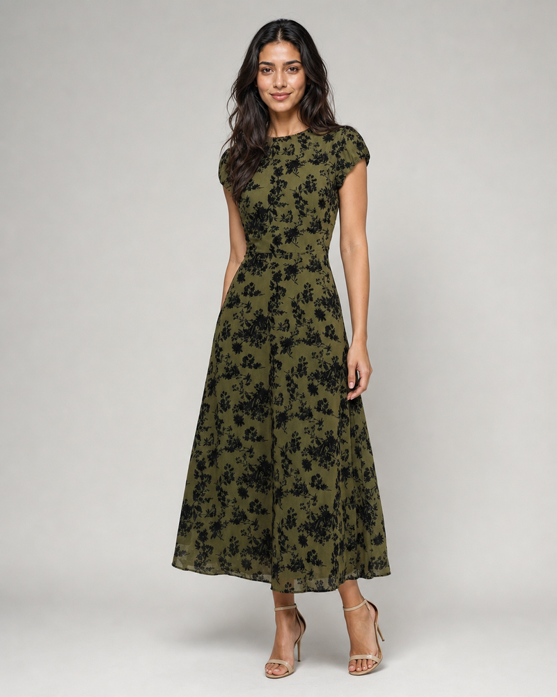 Josephine | Floral Cap-Sleeve A-Line Midi Dress