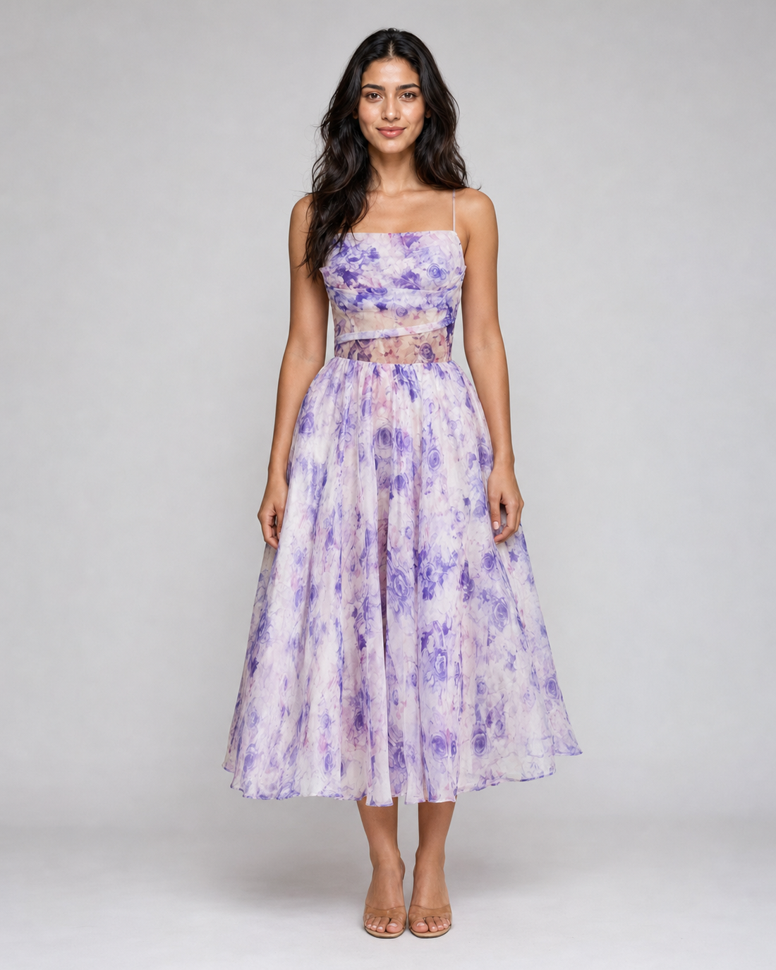 Junia | Ruched Floral Organza Midi Dress